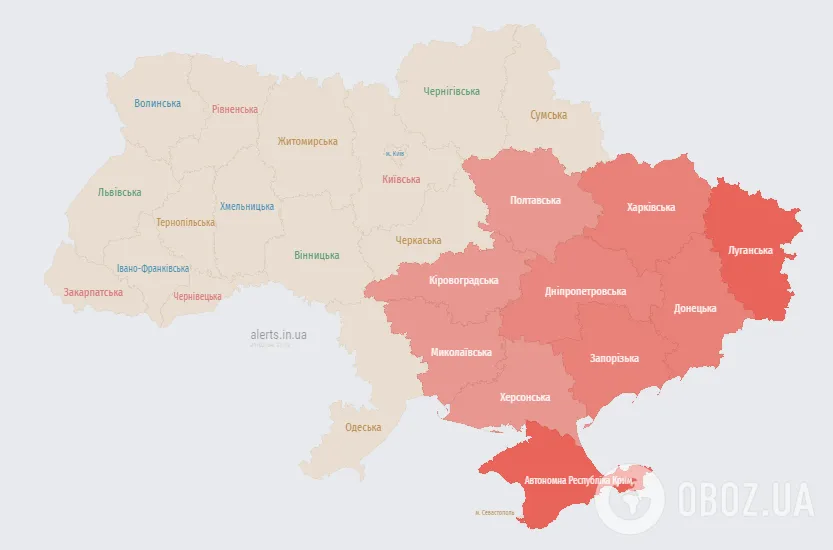 Карта тревоги в Украине по состоянию на 21:10