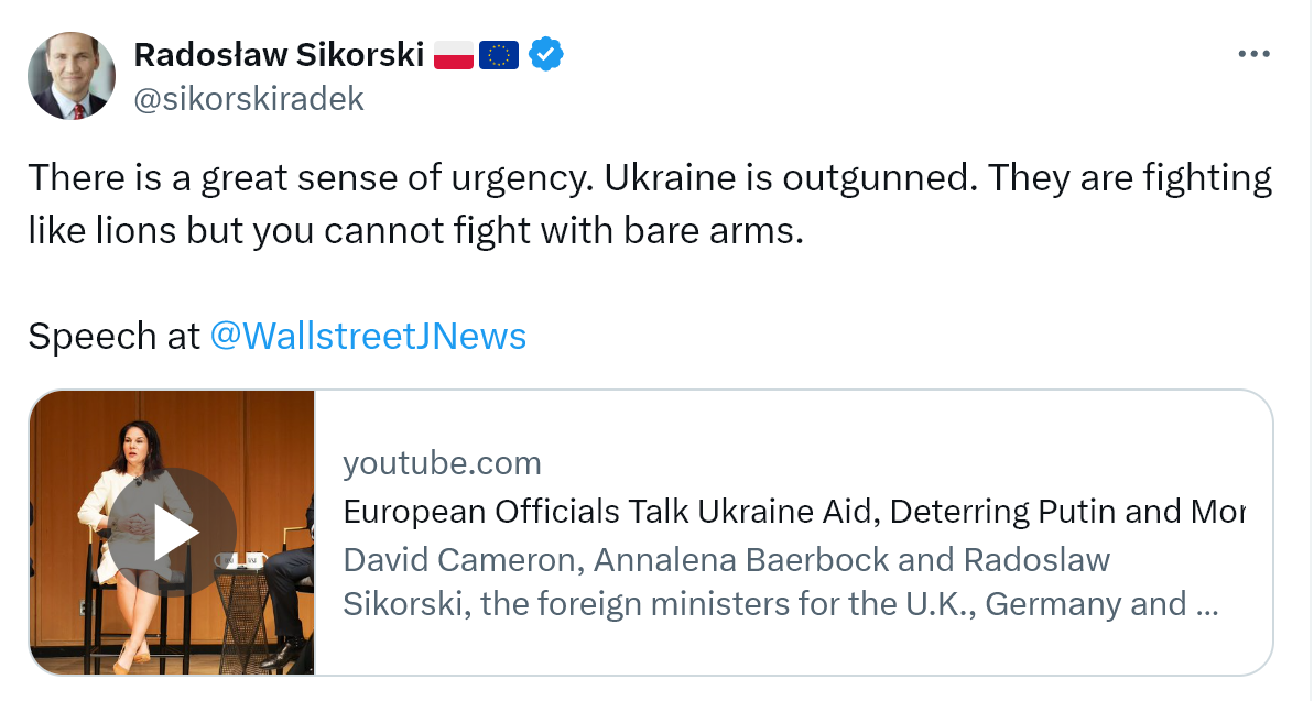 "Воюют как львы, но не могут бороться с голыми руками": Сикорский заявил, что Запад должен действовать быстро в предоставлении Украине боеприпасов