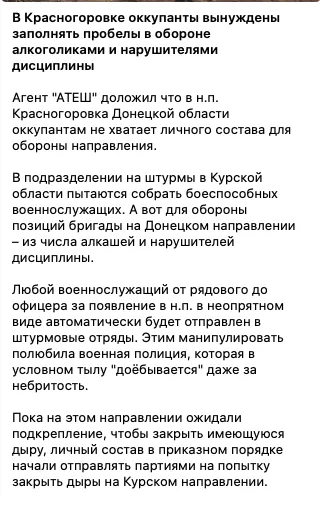 У войск РФ под Красногоровкой не хватает личного состава, на штурмы бросают нарушителей дисциплины – "Атеш"