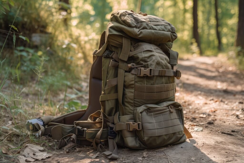 military backpack sitting on the ground, ready to be filled with supplies