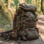 military backpack sitting on the ground, ready to be filled with supplies